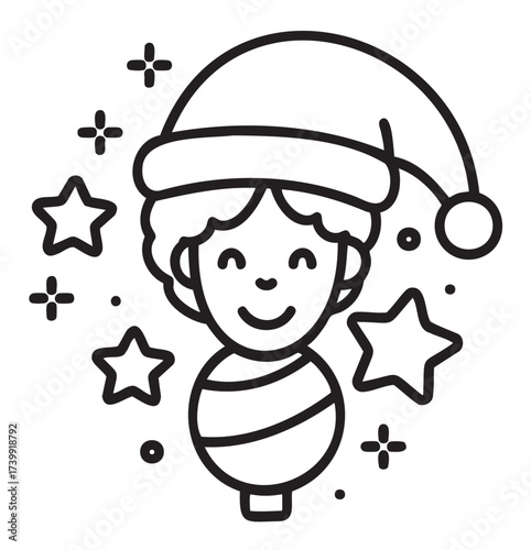 Black outline of a smiling child wearing a santa hat surrounded by stars, conveying a festive holiday theme.