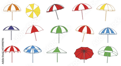 Set of colorful striped beach umbrellas vector illustration.