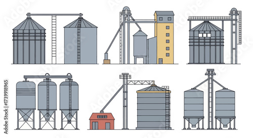 Set of various grain elevator and silo illustrations.