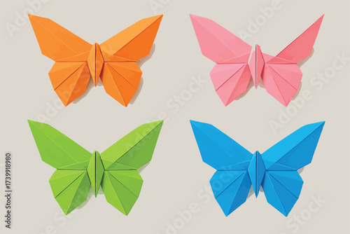 A group of colorful origami butterflies flying upward, layered for depth with soft shadows.