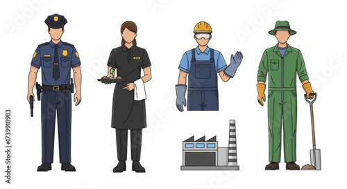 Group of Professionals in Uniforms Police Officer Server Construction Worker Farmer.