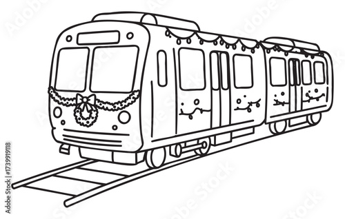 Black outline of a festive train adorned with holiday decorations, featuring garlands and ribbons on the carriages.