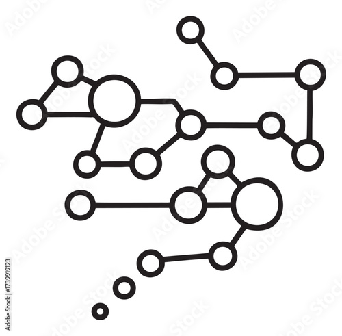Black outline icon of a molecular structure with interconnected circles representing atoms and bonds. minimal design for chemistry and science concepts.