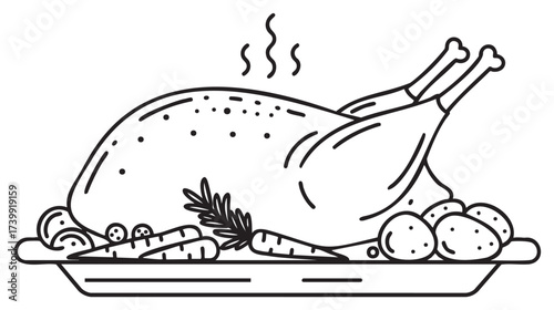 Black outline vector illustration of a roasted turkey on a platter, surrounded by vegetables like carrots and potatoes, with steam rising from the top.