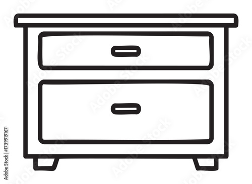Simple black outline icon of a two-drawer dresser, showcasing minimalist design and functionality.