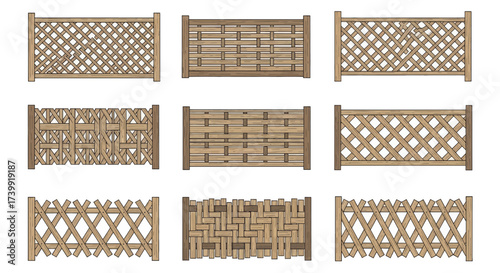Set of various wooden fence designs isolated on white background.