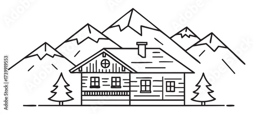 Black outline illustration of a log cabin with a chimney and two windows, situated amidst pine trees and mountain peaks in the .