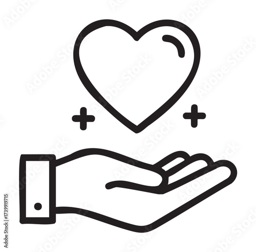 Black outline icon depicting a hand offering a heart with plus signs, symbolizing care, support, and kindness.