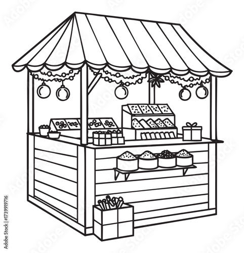 Black outline drawing of a festive market stall adorned with decorative garlands and filled with various goods and packages.