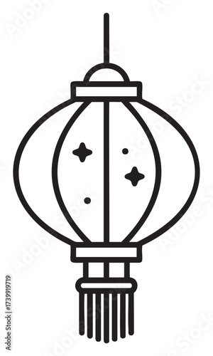 Black outline vector icon of a simple traditional chinese lantern. minimal linear illustration featuring a hanging lantern with tassels and decorative patterns.