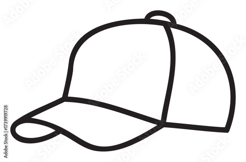 Black outline drawing of a classic baseball cap with a curved brim and button on top, viewed from the side.