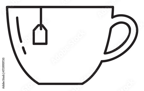 Black outline of a simple tea cup with a tea bag tag hanging over the rim. minimalist linear design for beverage and kitchen concepts.
