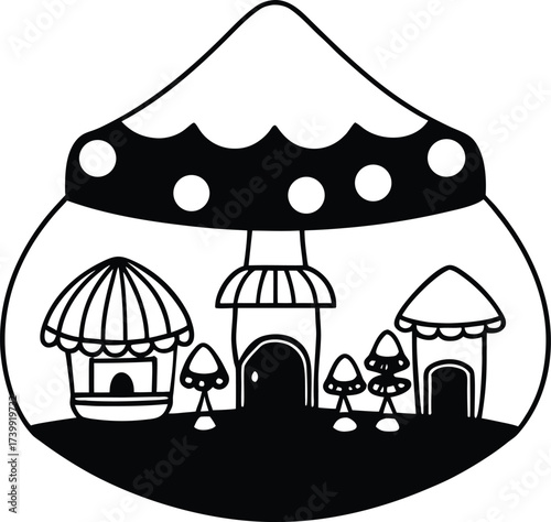 tiny fairy market inside a mushroom village color  vector illustration on transparent background