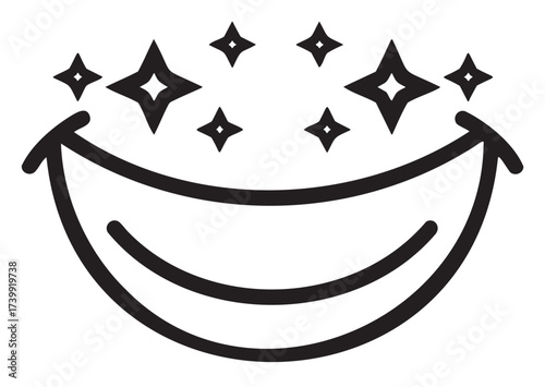 Black outline icon of a simple smiling mouth with sparkling stars above, symbolizing clean and healthy teeth.
