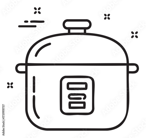 Black outline icon of an electric rice cooker with a lid and digital control panel, surrounded by small decorative elements.