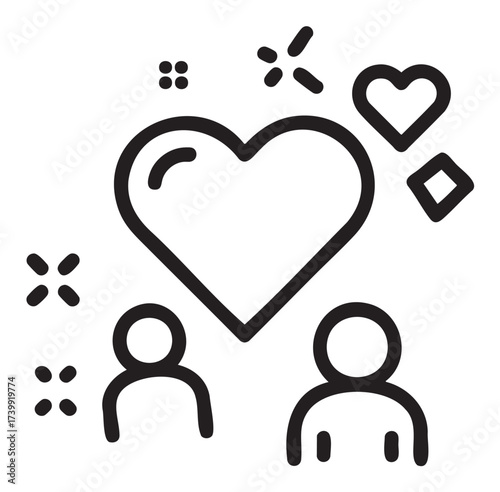 Black outline icon depicting two simple human figures with large hearts above them, symbolizing love, connection, and relationships.