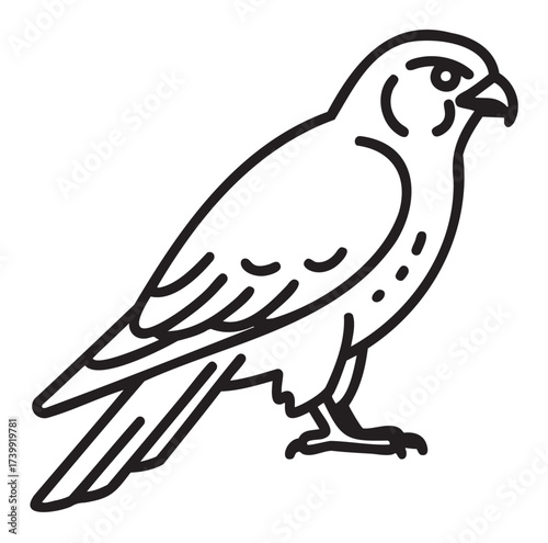 Black outline vector icon of a perched bird of prey with detailed feather patterns, suitable for wildlife and nature themes.