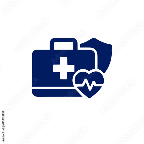 First aid kit and heart icon with shield for healthcare and medical insurance concepts