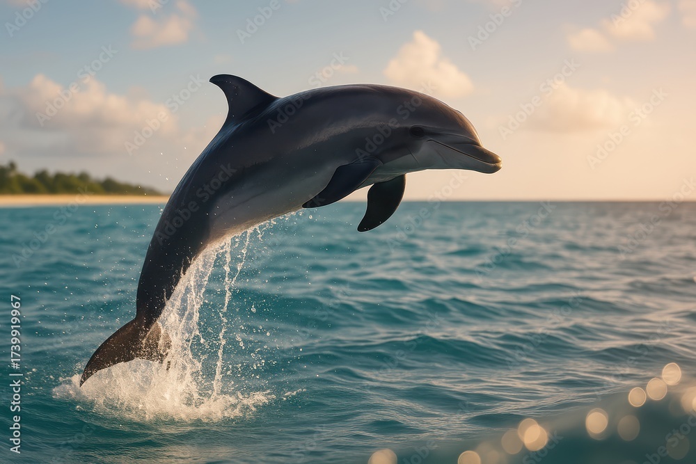Fototapeta premium Dolphin leaping over ocean waves tropical beach nature scene sunny day close-up view marine life exploration