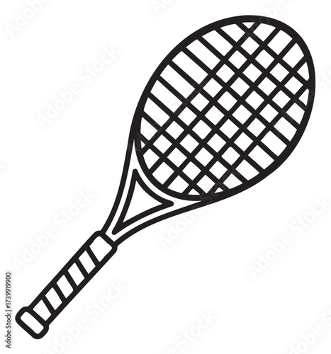 Simple black outline of a tennis racket with a detailed string pattern, displayed at a slight angle.