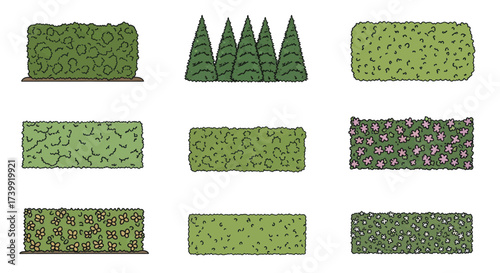 Set of hand drawn garden bushes and trees.