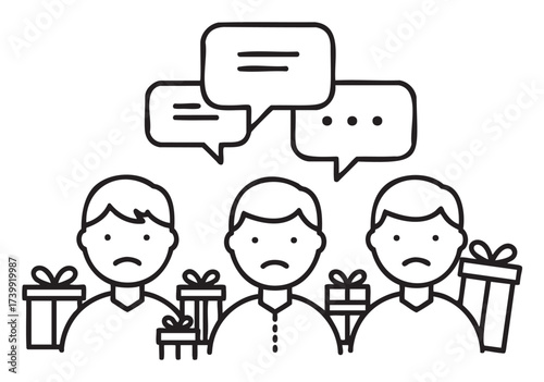 Black outline illustration depicting three young caucasian males holding gifts with speech bubbles above their heads.
