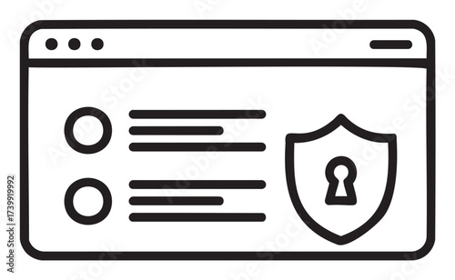 Black outline icon of a web page with a security shield, representing protection and online safety in a simple design.