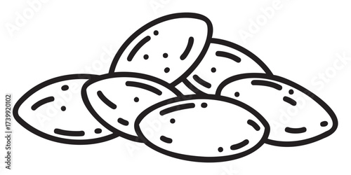 Black outline of almond nuts in a cluster, featuring a minimal linear design with simple details for food and nutrition concepts.