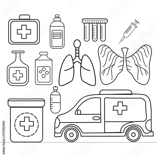 Medical outline icons set with ambulance, lungs, syringe, test tubes, first aid kit, and medicine bottles – healthcare, hospital, emergency and treatment vector illustration