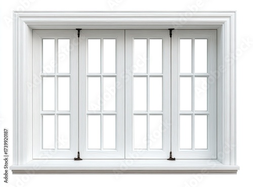 Elegant white double window with multiple panes and decorative molding