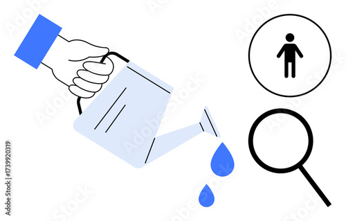 Hand holding a watering can pouring water droplets. Nearby, person icon and magnifying glass represent ideals of growth, focus, support, discovery, research, care and guidance. Simple flat metaphor