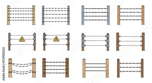 Collection of cartoon barbed wire and electric fences Set of various fence illustrations with wooden and metal posts isolated on a white background.