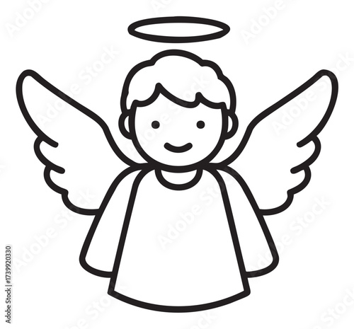 Black outline vector icon of an angelic figure with a halo and wings, showcasing a simple and minimalistic design for spiritual themes and concepts.