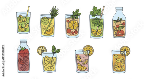 Set of various cold summer drinks with fruits and herbs.