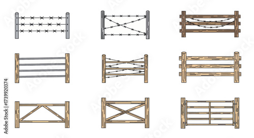 Set of various fence types including wooden and barbed wire barriers.