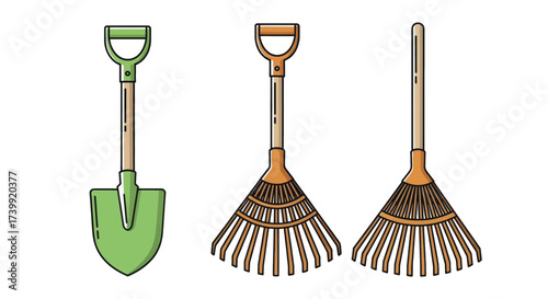 Gardening tools set with shovel and rakes vector illustration.