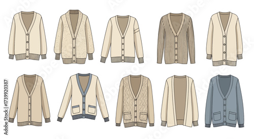 Set of ten different knitted cardigan sweaters isolated on white background.