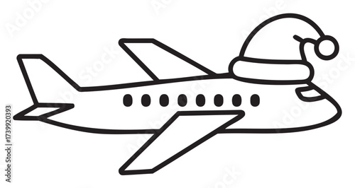 Black outline of an airplane wearing a christmas santa hat, illustrating a festive holiday travel concept.