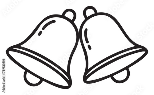 Black outline drawing of two simple, adjacent ringing bells with clappers. minimalist design for holiday, celebration, and sound concepts.