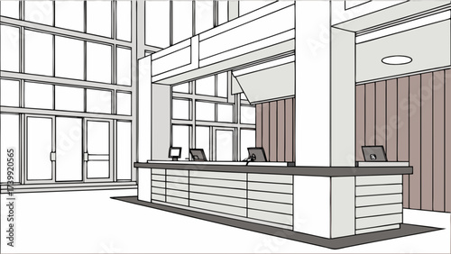 Illustration of a modern reception area with large windows and a long counter with computer monitors