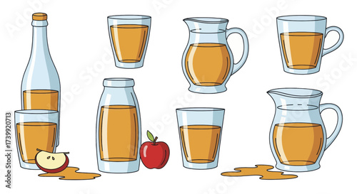 Collection of apple juice in various glass containers like bottles pitchers and glasses.