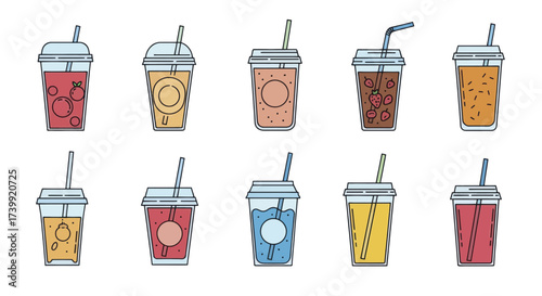 Set of colorful cold drinks in plastic cups with straws vector illustration.