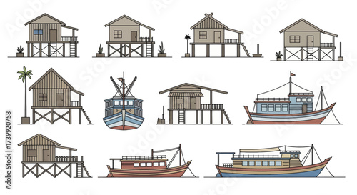 Set of traditional stilt houses and fishing boats vector illustrations Southeast Asian coastal village architecture and water transport collection.