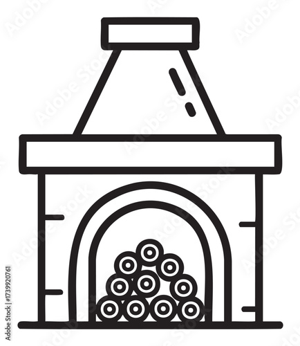 Black outline vector icon of a simple fireplace with a chimney and stacked logs. minimal linear illustration for home warmth and interior design concepts.
