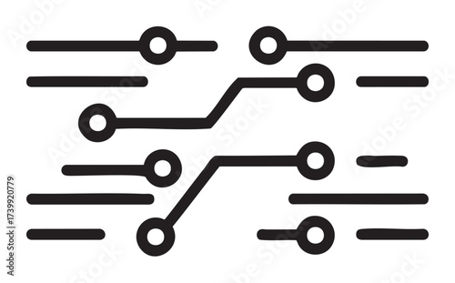 Black outline illustration of a simple electronic circuit with connected nodes and pathways depicting technology and connectivity concepts.