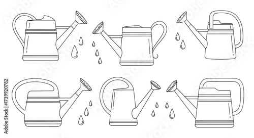 Set of six different watering can line art illustrations isolated on white background.