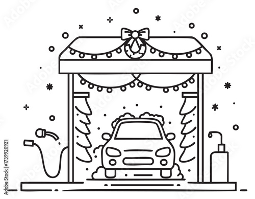 Black outline vector icon of a festive car wash with a decorated canopy, a car covered in soap, and tools for cleaning.