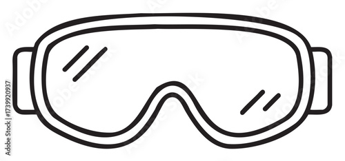 Black outline of protective ski goggles with a simple design, featuring a clear lens and adjustable straps.