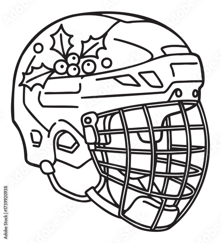 Black outline drawing of a hockey helmet with a festive holly design on the top, featuring protective bars on the front.