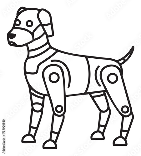 Black outline of a robotic dog with detailed joints and mechanical features, designed in a minimalist linear style.